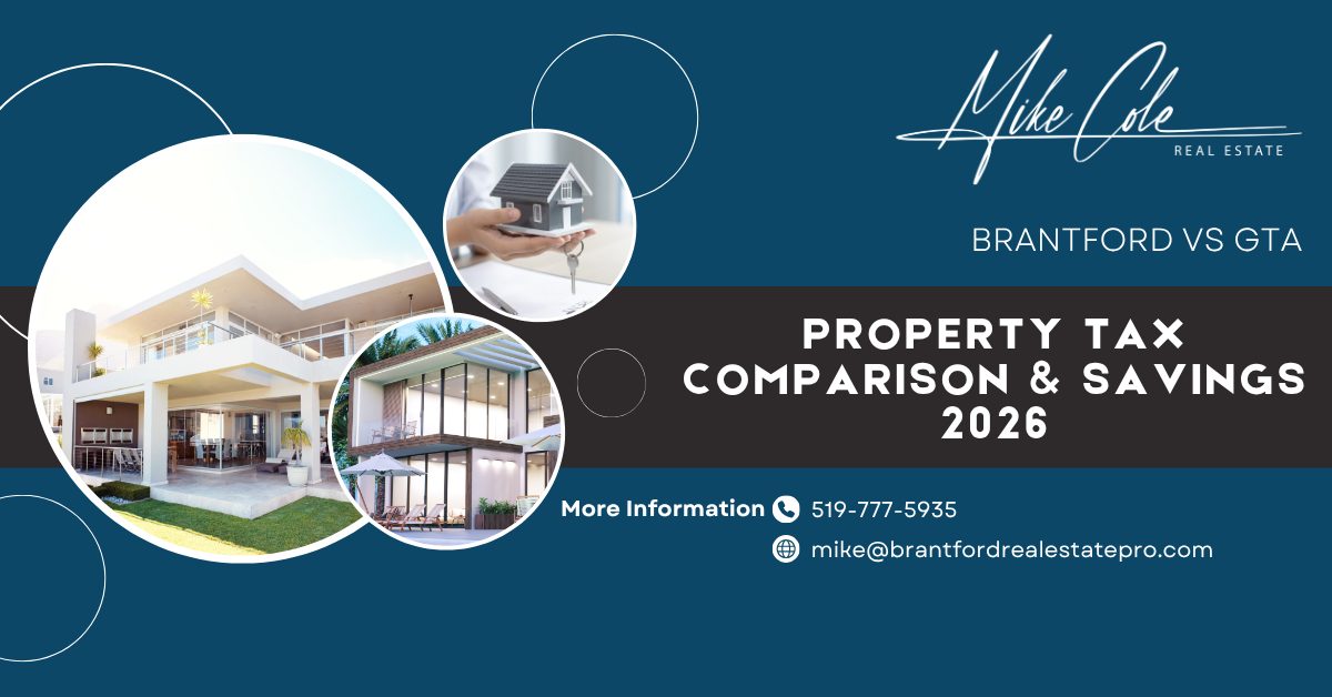 Blog post cover image introducing the topic "Property Tax: Brantford vs GTA 2026 Comparison and Savings".